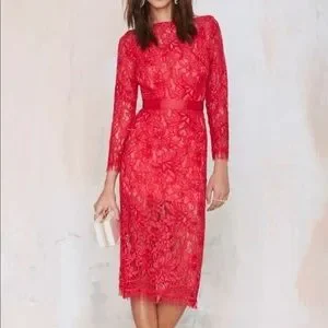 knee length dresses for ladies Tamara V-Neckline Ruched Long Sleeve Lace Mesh Dress Red– Selfie Leslie main image 1